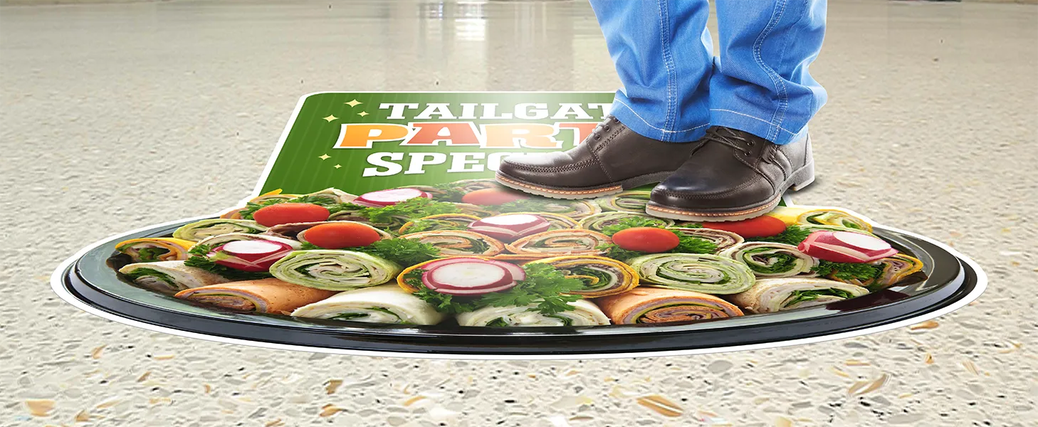 A closeup of a man's feet on a floor graphic